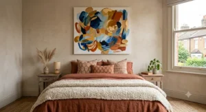 Boho-inspired abstract wall art with warm, earthy textures for a relaxed bedroom atmosphere.
