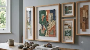 Boho-inspired abstract wall decor with earthy tones, ideal for a relaxed and stylish hallway.