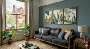 A calming 3-piece canvas art set capturing a rugged British coastline, ideal for creating a tranquil atmosphere.