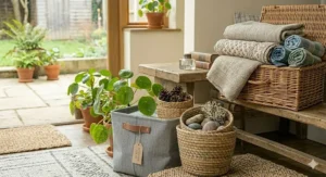 A photorealistic illustration showing a collection of diverse, affordable large storage baskets under £30, including woven and fabric types, arranged on shelves. The image highlights different sizes and textures, perfect for various rooms and organisation needs.