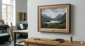A customised canvas print on a mantelpiece in a cosy Yorkshire cottage, surrounded by wrapped gifts and garden roses.