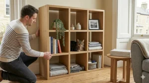 A narrow, tall cube storage bookcase fitting perfectly into a small UK hallway space.