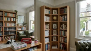 A space-saving corner bookcase styled with books and decorative ornaments in a cosy alcove.