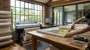 A professional artisan in a workshop using precision tools to stretch a custom canvas print over a wooden frame.