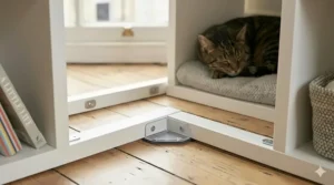 Close-up showing an anti-tipping safety bracket attached to a cube storage bookcase.
