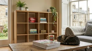 A multi-tier cube storage bookcase organising folders and office supplies in a compact home office.