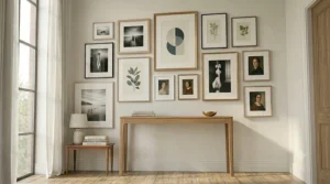 A photorealistic, straight-on view of the dynamic twelve-piece grid from the gallery wall frames set, displayed above the velvet sofa, showcasing the balanced mix of modern abstract and classic portraiture.