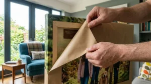 A close-up view of a custom canvas print being carefully wrapped in sustainable brown paper before shipping.
