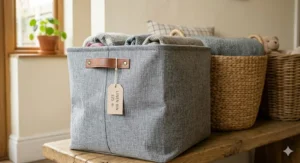 A photorealistic illustration of a bedroom, showing a modern grey fabric storage basket placed at the end of a wooden bed frame. The basket is rectangular with leather handles and is packed with children’s toys and clothing, helping to keep the space tidy. Natural light comes from a large window.