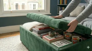 Durable storage ottoman in a family-friendly home, shown being closed after retrieving books.