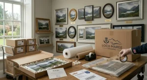 A wide panoramic view of a contemporary British Isles abstracted map canvas print on an airy Cotswolds living room wall.
