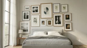 A calm, minimalist bedroom display featuring the same twelve-piece gallery wall frames set, curated in a tranquil geometric pattern above a grey linen upholstered headboard with natural daylight.