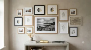 Various sized framed prints arranged in a balanced gallery wall layout.