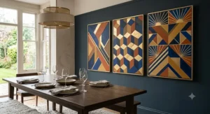 Geometric abstract wall art design with structured lines, ideal for styling a sophisticated dining area.
