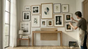 A curated hallway scene featuring the precise twelve-piece gallery wall frames set from the living room collection, arranged in the same dynamic pattern above a matching oak console table.