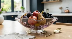 Elegant hand-blown glass fruit bowl, perfect as a luxury fruit bowl for a modern dining room table.