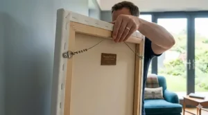 A person carefully handling a large, bespoke custom canvas print to ensure professional wall mounting.