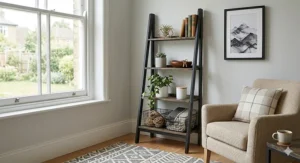Industrial-style ladder shelving unit with a light oak finish, perfect for small living spaces.