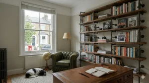 An industrial-style bookcase with a dark metal frame and rustic wood shelves, adding character to a lounge.