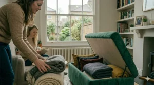 A small, square velvet ottoman box with storage, perfect for a hallway or small flat.