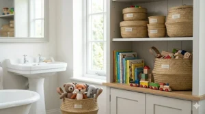 Shallow woven baskets used as pantry organisers for kitchen goods, spices, and dried produce.