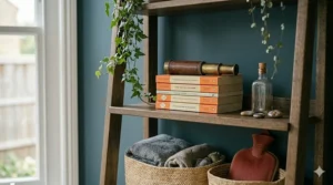 A specific close-up highlighting the unique textures of the wooden ladder bookcase shelf, vintage brass telescope, and textiles.