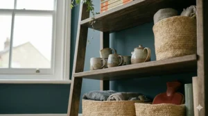 An upwards perspective showing the underside of the bottom shelves of the ladder shelf and the texture of the largest woven basket.
