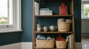 A detailed shot of the lower three shelves of the ladder shelf, featuring woven jute baskets and a selection of handmade ceramic mugs.