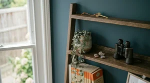 A focused close-up of the very top shelf of the ladder shelf, featuring the small binoculars and the full pot of the trailing plant.