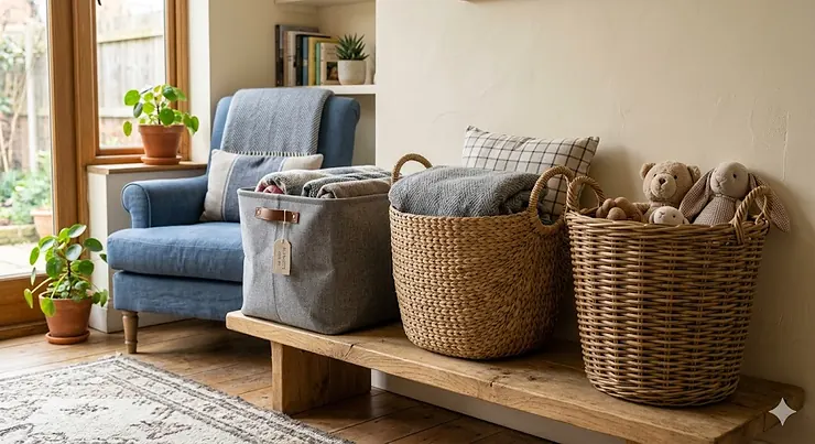 An interior shot of a bright living room, featuring a wooden bench under a window. On the bench are three large storage baskets under £30, including two woven and one grey fabric type, filled with throw pillows and blankets. A blue armchair sits nearby, surrounded by potted Pilea plants. The space is organised and receives soft natural light. large storage baskets under £30