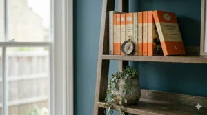 A shallow depth-of-field close-up of the leaning bookcase, focusing sharply on a stack of classic British paperbacks and a compass.