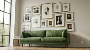 A low-angle perspective looking upwards along the wall, showing the textures of the individual oak, black, and gold frames from the gallery wall frames set, highlighting natural light and room depth.