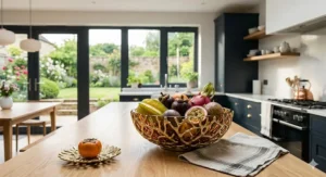 Ornate gold-finish luxury fruit bowl catching the light, designed as a premium decorative accessory.