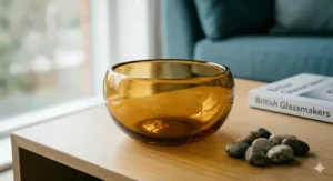 A clear, luxury glass decorative bowl reflecting light, positioned on a minimalist coffee table.