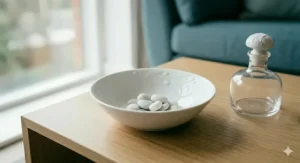 A sophisticated white porcelain decorative bowl, creating a refined look on a coffee table.