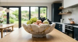Minimalist marble luxury fruit bowl with a smooth finish, ideal for a contemporary interior aesthetic.