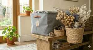 A photorealistic illustration of a clean bathroom, with a wire grid large storage basket, distinct from the woven ones, sitting on white tiles under a sink. The metal basket is neatly filled with folded hand towels and bathroom supplies, providing a modern organisation solution.