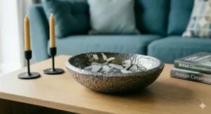 A polished metallic decorative bowl adding a touch of elegance to a modern lounge coffee table.