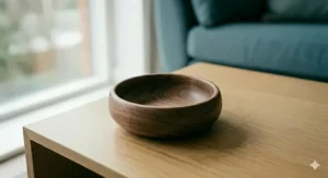A smooth, minimalist wooden decorative bowl used to style a coffee table with a natural aesthetic.