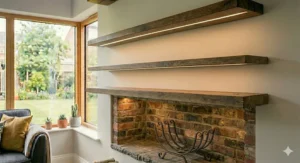 Modern industrial floating shelves installed in a home office space.
