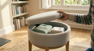 Minimalist Scandi-style storage stool providing functional seating and hidden storage.