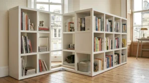 A variety of different size configurations of modular cube storage bookcases side-by-side.