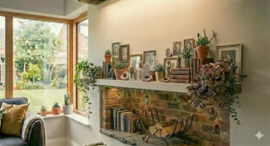 Narrow industrial floating shelves in a small hallway entrance.