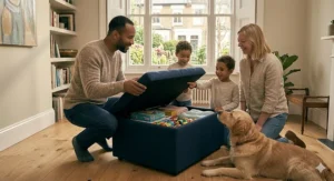 Deep storage footstool in navy blue, ideal for toys and general home organisation.