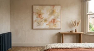 Neutral-toned abstract wall art, providing a calming and elegant touch to a Scandi-inspired interior.