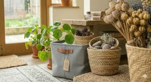A photorealistic illustration of a bright nursery, featuring a large, round woven storage basket under £30 on the floor near a changing table and crib. The basket is packed with nappies, wipes, and stuffed toys, showing an ideal way to keep essentials organised and within reach.