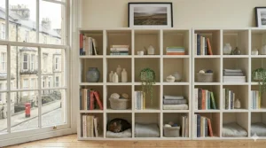 Close-up detail of the smooth oak-effect finish on a modern cube storage bookcase.