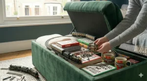 Decorative storage box being organised with hobby items, highlighting its use for bedroom or lounge organisation.