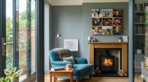 A vibrant grid of personalised custom canvas prints arranged as a feature wall display in a modern British home.