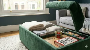 View of a tufted storage ottoman revealing internal storage space for leisure items and home accessories.